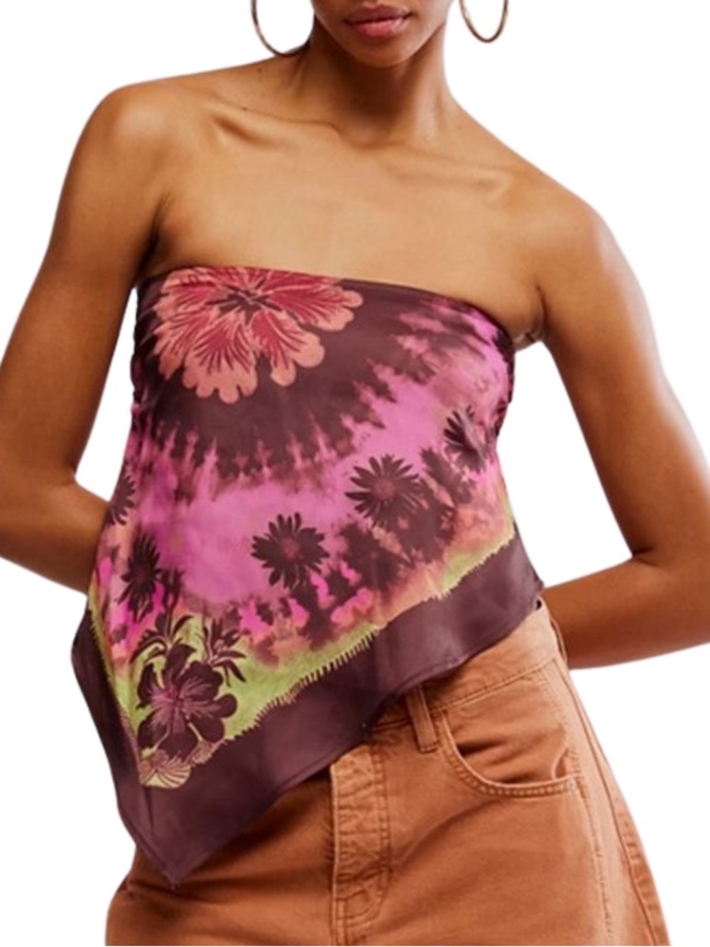 Free People Better Than That Pink & Brown Floral Tie-Dye Bandana Tube Top Boho L